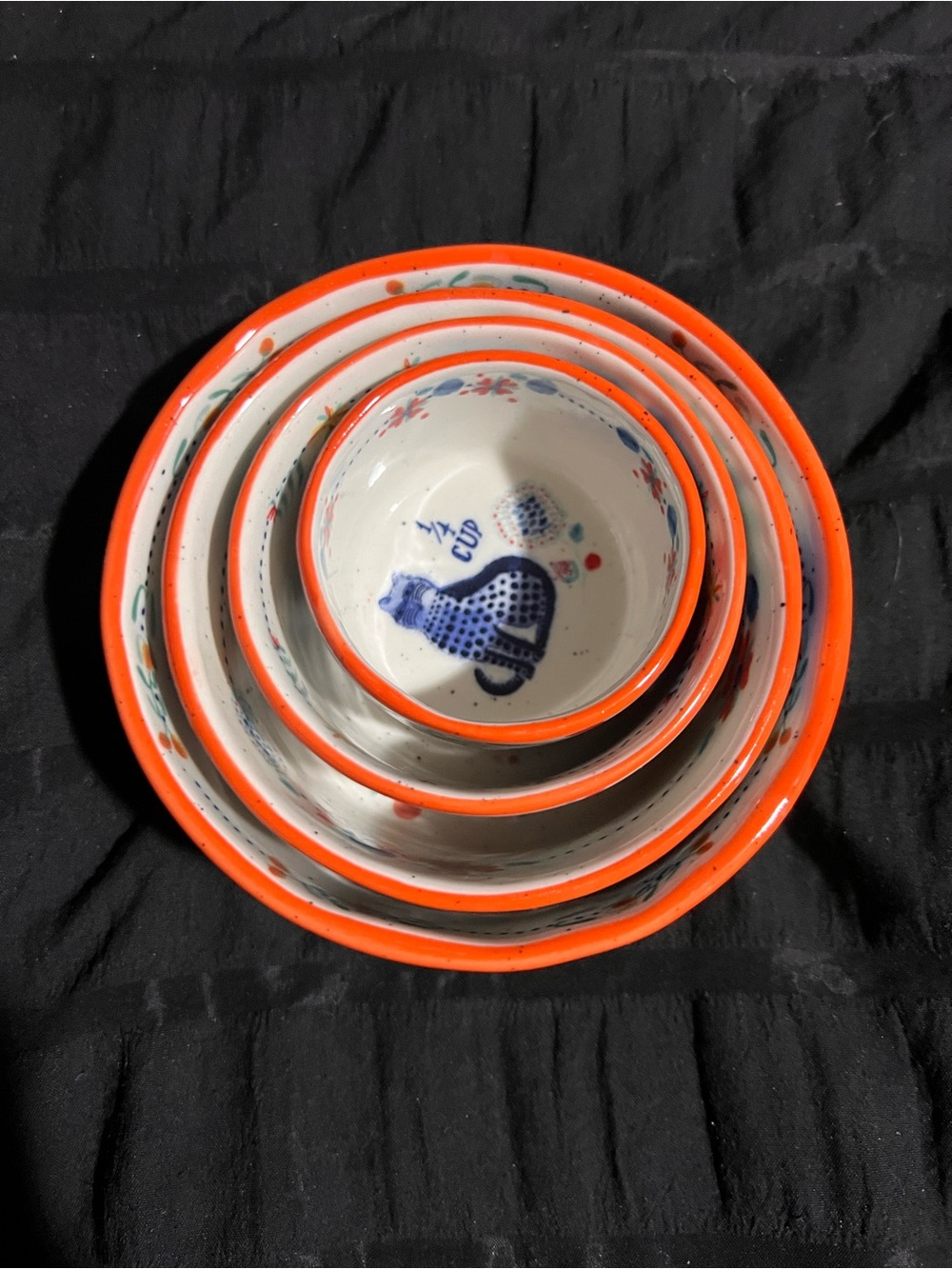 Anthropologie Ceramic Nesting Bowls with Bright Orange Rim and Blue Motif